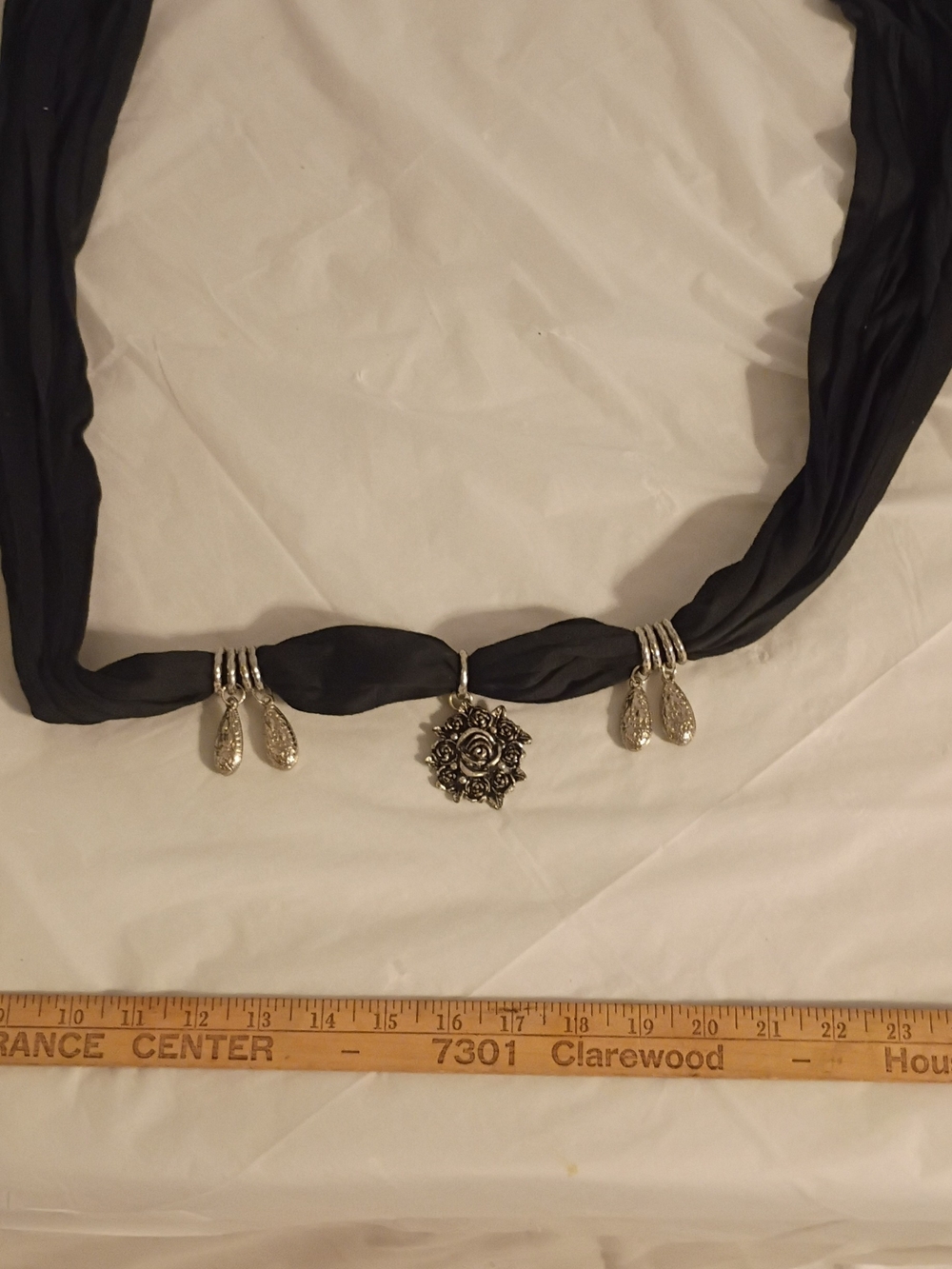 Chico's Black Scarf Necklace with Silver Rose Pendant